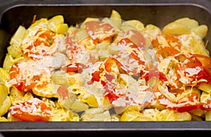 Preparation potatoes with tomatoes in a frying pan. Useful vegetarian food_