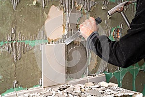 Preparation of repair the bathroom. Man Removing old tiles