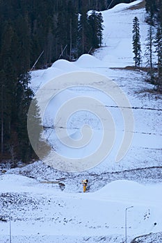 Preparation of ski slopes for the season. Biosphere reserve and ski resort Arkhyz. Russian Federation