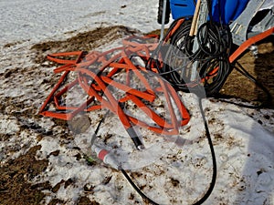 preparation of a snowmaking device on a wheeled chassis.