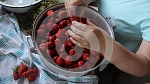 Preparation of strawberry jam. Hands of an elderly woman clean peel large juicy strawberries from leaves and stalks