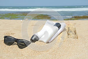 Preparation sunbathing on the beach