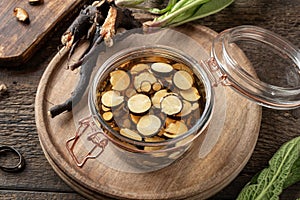 Preparation of tincture from fresh comfrey root in a jar