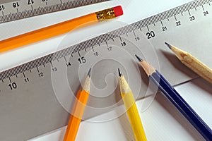 Preparation to work. Sharpened pencils, prepared rulers for drawing