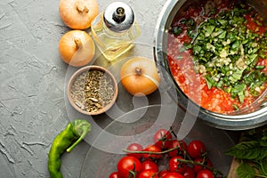 Preparation of tomato sauces and seasonings. Cherry tomatoes, spices, chili peppers. View from above. On a gray background. Free s