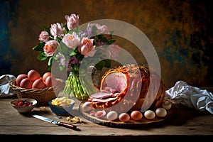 preparation of traditional festive dish easter ham for lunch