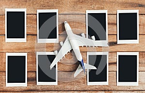 Preparation for Traveling concept, Airplane with photo frame.