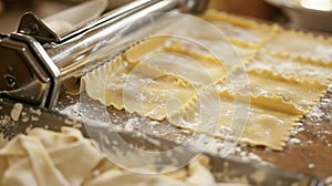 Preparation of uncooked ravioli by hand in a kitchen setting, showing various stages of dough rolling, filling placement