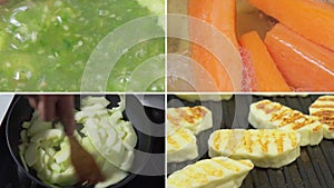 Preparation of various food. Home cooking, collage. Broccoli, carrots, zucchini, haloumi cheese