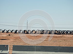 preparations of large water pipe parts in place in Suez Cairo highway road, sanitation pipes, improvement of infrastructure and