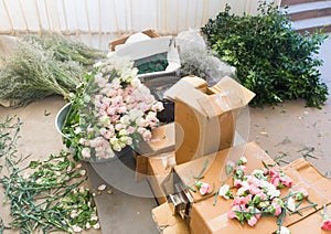 Preparations for wedding flower arrangements