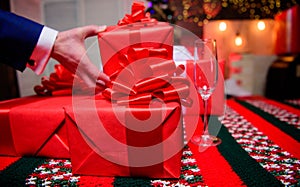 Prepare for christmas and new year. Wrapping gifts concept. Magic moments. Prepare surprise gifts for family and friends