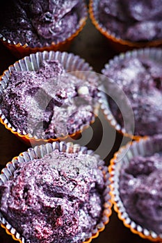 Prepare gluten free blueberries muffin. Raw lilac dough in baking tins