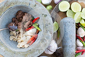 Prepare ingredient inside the stone mortar