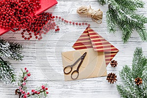 Prepare new year and christmas 2018 presents in boxes and envelopes on wooden background top veiw mockup