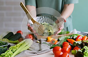 Prepare salad. Kitchen ingredients. Healthy food. Spring vitamins. Vegan menu. Summer season. Raw. Keep diet.