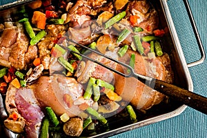 Prepared for baking chicken meat with vegetables