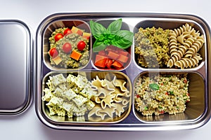 Prepared diet Lunches in lunch boxes: pasta, parmesan, lettuce, cherry tomatoes with basil.