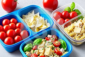 Prepared diet Lunches in lunch boxes: pasta, parmesan, lettuce, cherry tomatoes with basil.