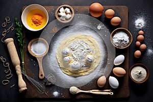 prepared dough. Ingredients for baking flour and egg on a blackboard