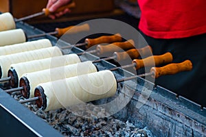 Prepared on the grill Hungarian Kurtoskalacs at a traditional m