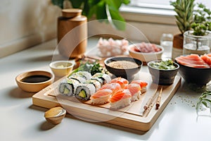 Prepared ingredients for cooking asian food rolls or sushi close up on light kitchen. Selective focus. Asian food