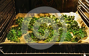 Prepared kale chips in the oven