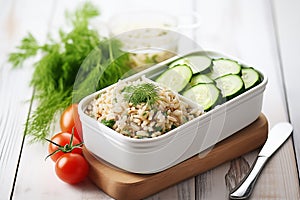 Prepared lunch in a container for work or school.