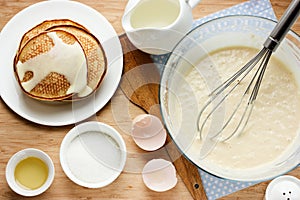 Prepared pancakes for breakfast. Ingredients for making pancakes