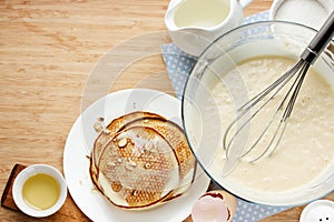 Prepared pancakes for breakfast. Ingredients for making pancakes