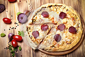 Prepared pizza with smelted cheese. Toned