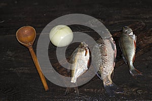 Prepared raw fish with wooden spoon and onion on vintage wooden table surface. Kitchen concept on fishing and Hiking
