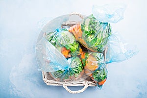 Prepared vegetable bags for freezer. Frozen food, food preservation concept