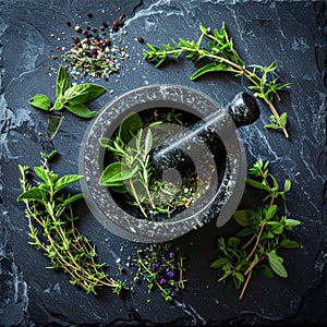 Preparing Aromatic Herbs with Mortar and Pestle