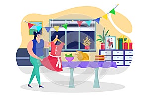 Preparing birthday celebration at home, vector illustration. Woman decorate room for party, holiday event. Character