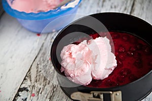 Preparing cheesecake with pink marshmallow fluff