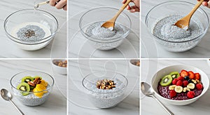 Preparing Chia Seed Pudding: A Step-by-Step Guide with Fresh Fruit and Nuts