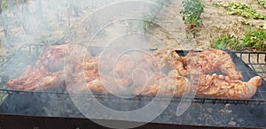 Preparing chicken legs on the grill outdoors in the garden. Baking meat at home, bio food concept