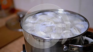 Preparing China Dumplings in Pan of Boiling Water in Home Kitchen. Close-up