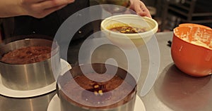 When preparing a chocolate cake by a professional confectione