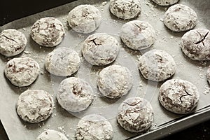 Preparing Chocolate 'Red velvet crincles' cookies in powdered sugar