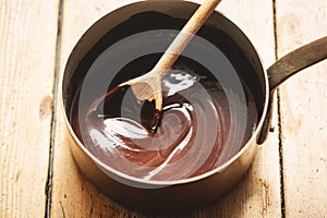 Preparing chocolate sauce in pot