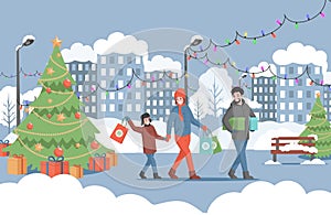 Preparing for Christmas and New Year vector flat concept. Man, woman and boy spending time in winter city.