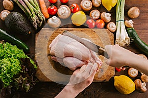 Preparing cooking process with poultry and season vegetables