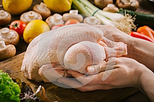 Preparing cooking process with poultry and season vegetables