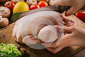 Preparing cooking process with poultry and season vegetables