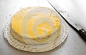 Preparing a cream cake or gateau in a bakery