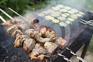 Preparing delicious and tasty pork meat and vegetables on grill