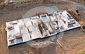 Preparing Formwork for First Floor Slab at construction. Formworks and pouring concrete. Foundation slab for monolithic reinforced