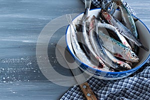 Preparing fresh caught anchovies. Healthy seafood